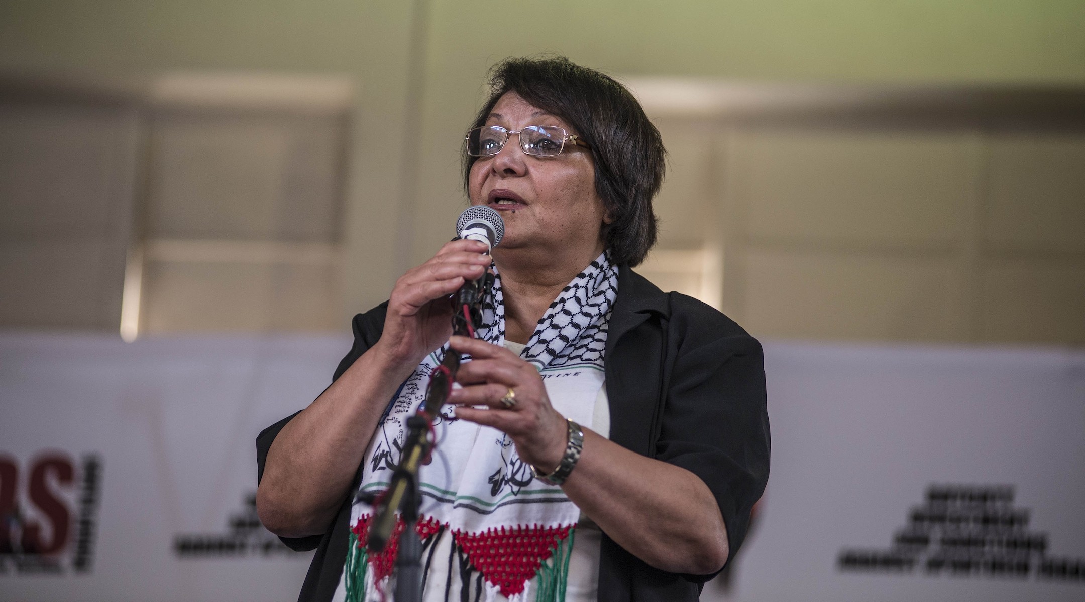 Leila Khaled speaks in, Soweto, South Africa, Feb. 15, 2015. (Photo/JTA-Ihsaan Haffejee-Anadolu Agency-Getty Images)